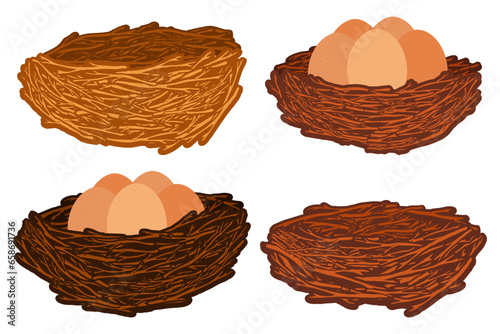 Bird nests vector cartoon set isolated on a white background.