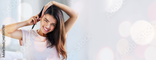Portrait, beauty and hair brush with a woman on banner space for natural haircare treatment. Smile, aesthetic and mockup with a happy young person brushing for style during her daily grooming routine