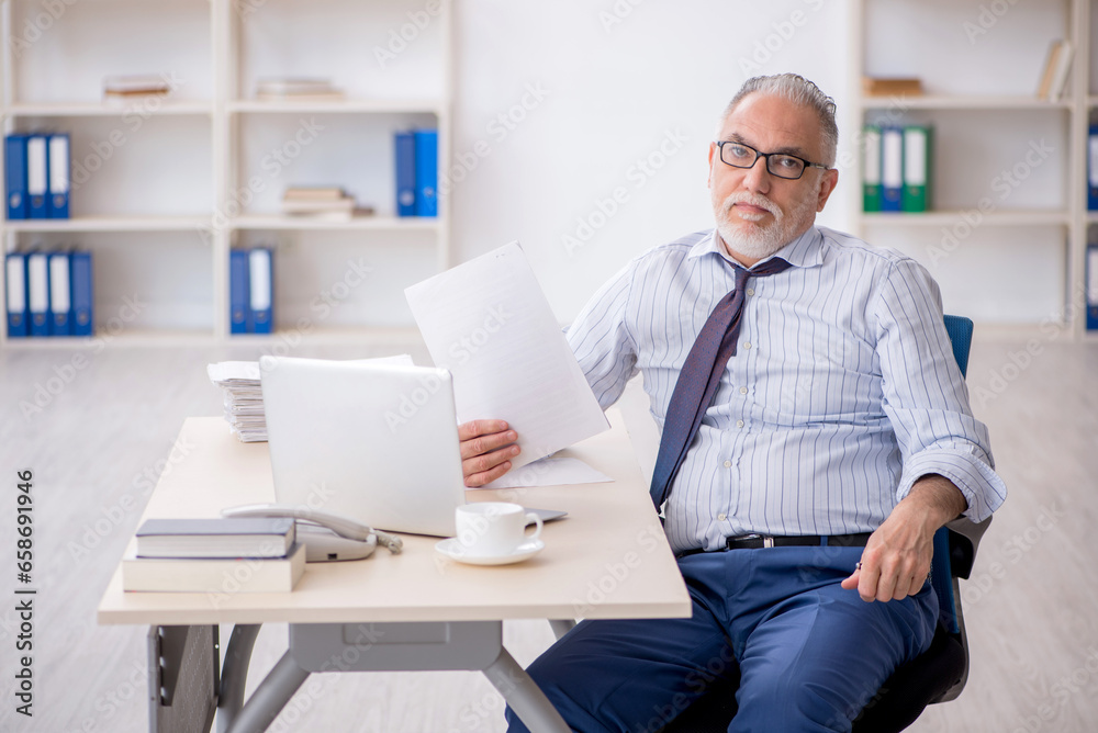 Old male employee working in the office Old male employee working in the office
