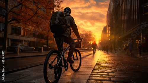 A man cycling through a vibrant sunset on a city street © pham