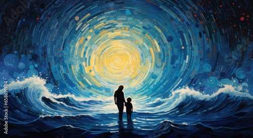 A man and child enjoying the ocean together in a beautiful painting