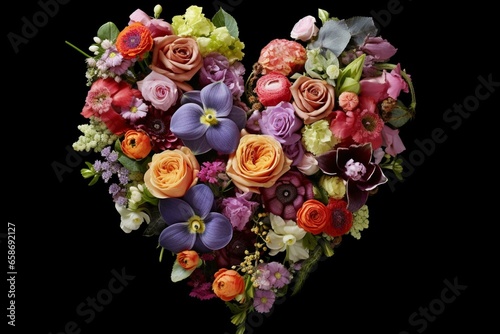 An arrangement of flowers shaped like a heart. Generative AI