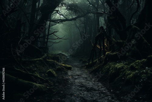 eerie forest as creepy horror background. Generative AI © Hawthorn