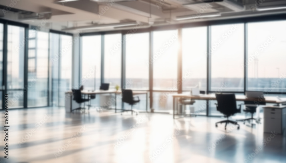 Fototapeta premium Blurred Office with Expansive Windows and Cityscape