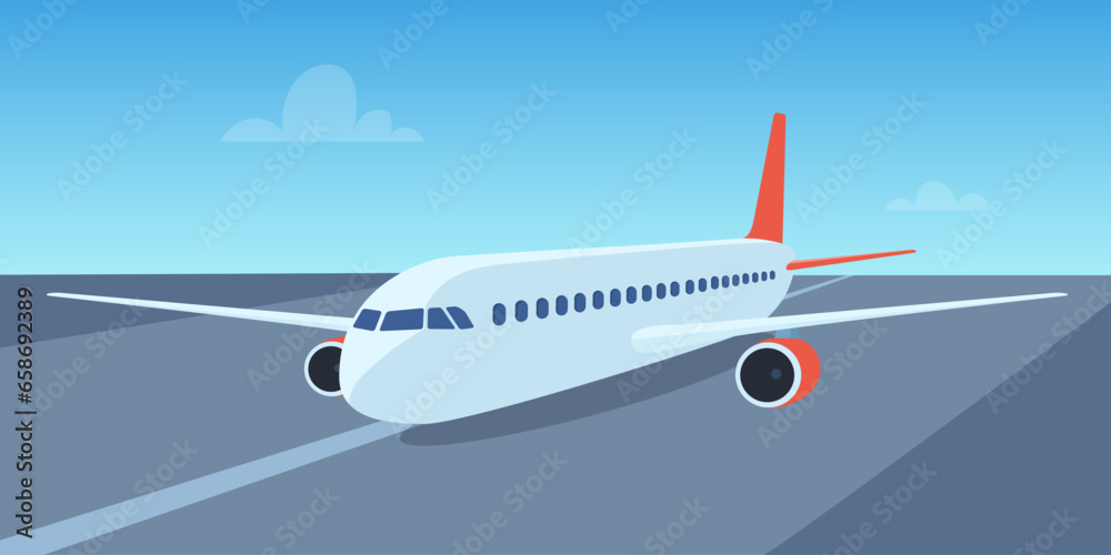 Passenger airplane on runway, front view. passenger aircraft takeoff illustration. Airport with aircraft on airfield. Vector illustration.