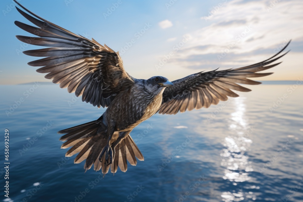 Obraz premium A bird soaring through the sky above a serene body of water. This image captures the beauty and freedom of nature. Perfect for nature enthusiasts and travel websites.