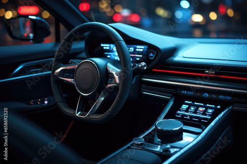 A detailed close-up of a steering wheel in a car. This image can be used to illustrate concepts related to driving, transportation, automotive industry, or car safety. © Fotograf