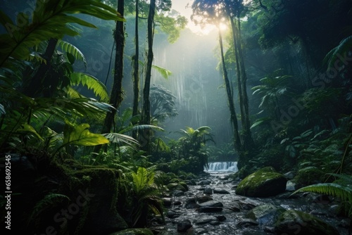 A picture of a stream flowing through a vibrant and verdant forest. Ideal for nature-themed projects or as a background image for websites and presentations.