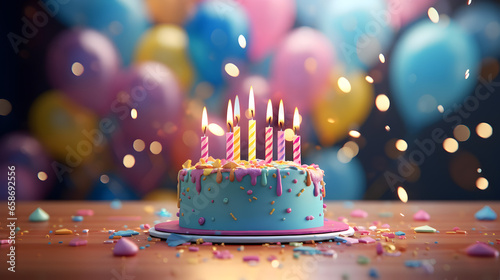 Tarta de cumpleaños color pastel con globos de fondo photo