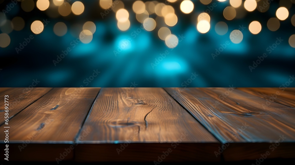 Close up of a wooden Table in front of cyan Bokeh Lights. Festive Backdrop with Copy Space Close up of a wooden Table in front of cyan Bokeh Lights. Festive Backdrop with Copy Space