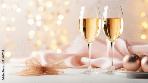 Zwei Gläser gefüllt mit Champagner vor eleganter gold und rosa Festtagsdekoration, Silvester, Jubiläum oder Neujahr Hintergrund