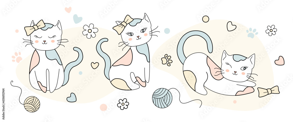 Fototapeta premium A collection of cute little girl cats in different poses. Can be used for t-shirt printing, stickers, greeting card design