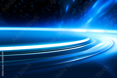 A blue abstract space with curved light beams in it. Futuristic technology concept. © Adrian Grosu