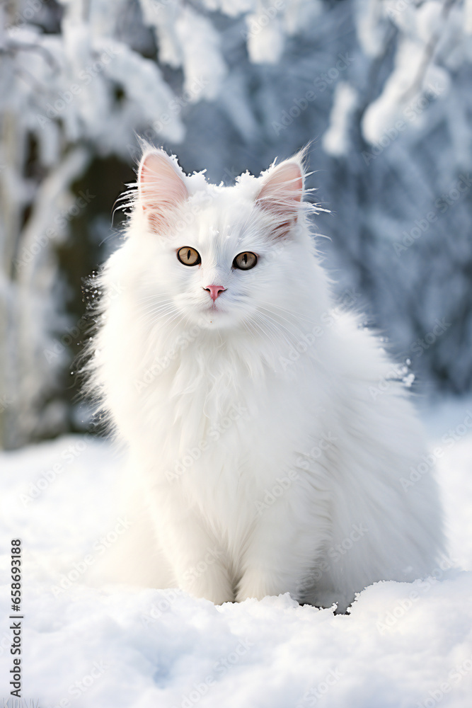Furry white cat in the snow