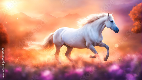 White Arabian Horse Running in  Freedom Through the field of beautiful flowers and plants at sunset wallpaper
