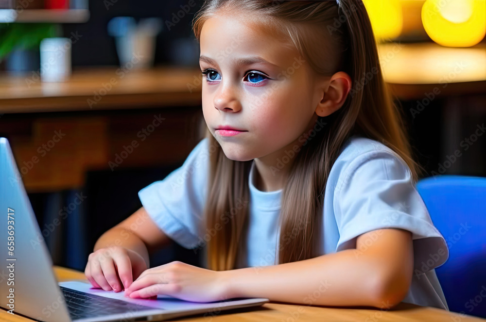 girl sitting at a laptop. little girl sits in a cafe at a laptop and watches cartoons .AI GENERATE girl sitting at a laptop. little girl sits in a cafe at a laptop and watches cartoons .AI GENERATE