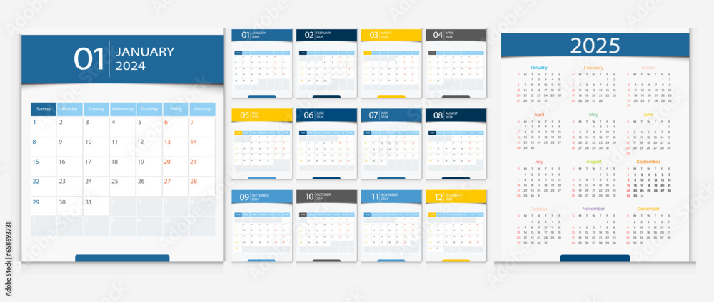 Calendar 2024, calendar 2025 week start Monday corporate design template vector.