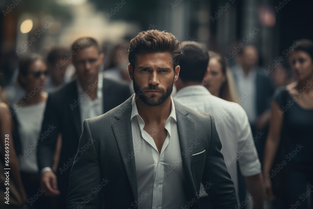 A man in a suit stands amongst a large crowd of people. This image can be used to depict leadership, individuality, or a professional in a social setting. A man in a suit stands amongst a large crowd of people. This image can be used to depict leadership, individuality, or a professional in a social setting.