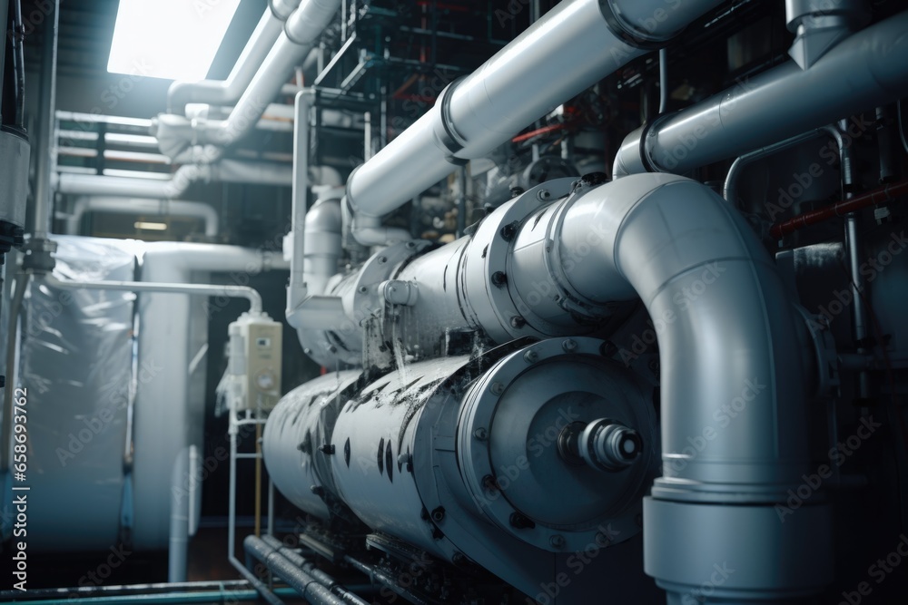 A collection of pipes and valves arranged in a room. This image can be used to illustrate industrial settings and processes. A collection of pipes and valves arranged in a room. This image can be used to illustrate industrial settings and processes.
