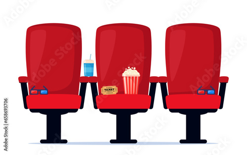 Red cinema armchair with soda, popcorn and 3d glasses. Cinema poster, banner design for movie theater. Vector illustration.