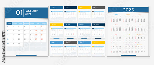 Calendar 2024, calendar 2025 week start Monday corporate design template vector.