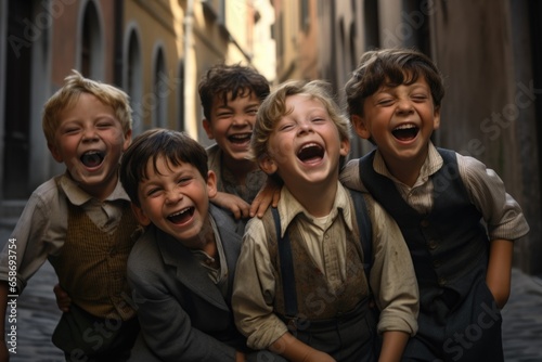 A group of children laughing and having a great time. Perfect for capturing the joy and happiness of childhood. Ideal for use in advertisements, brochures, and websites targeting families and children