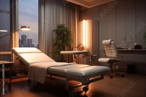 A hospital room with a bed and a desk. Suitable for medical and healthcare concepts.