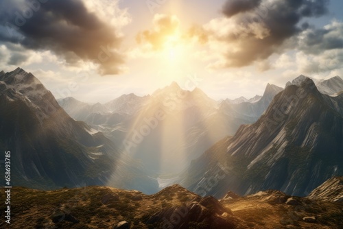 The sun shines through the clouds, creating a beautiful and dramatic scene over the mountains. Perfect for nature and landscape themes.