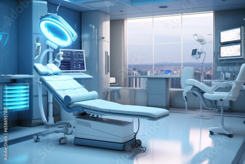 A hospital room with a chair  monitor  and various medical equipment. This image can be used to depict a healthcare setting or to illustrate medical procedures and equipment.