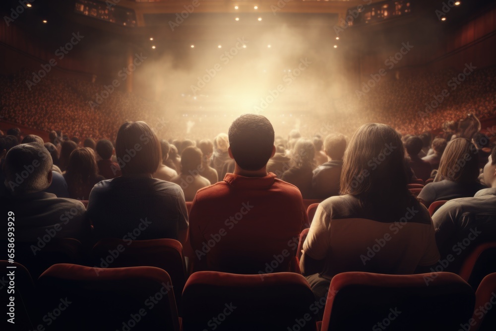 A group of people sitting together in front of a stage. This image can be used to depict an audience, spectators, or attendees at a concert, performance, conference, or any live event. - obrazy, fototapety, plakaty 
