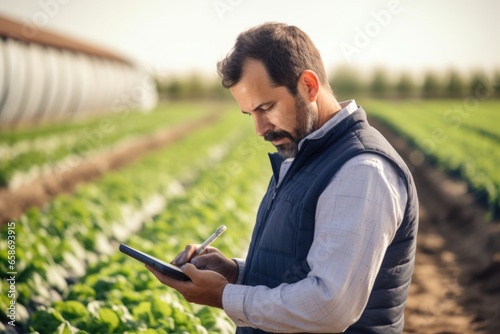 A man standing in a field with a tablet. This image can be used to represent technology in nature or for concepts related to outdoor work or leisure activities.