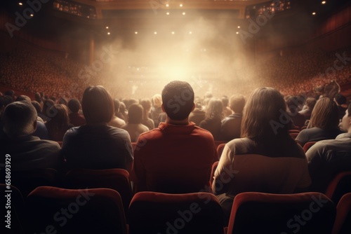 A group of people sitting together in front of a stage. This image can be used to depict an audience, spectators, or attendees at a concert, performance, conference, or any live event.