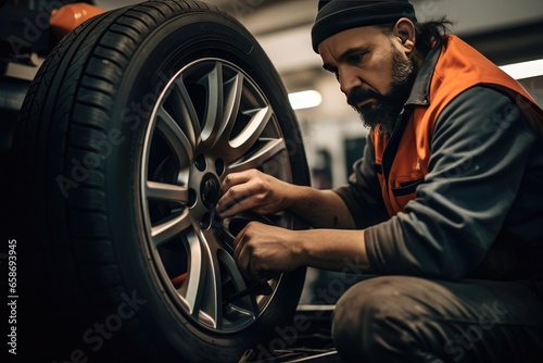 Tire shop worker changing a car wheel photo