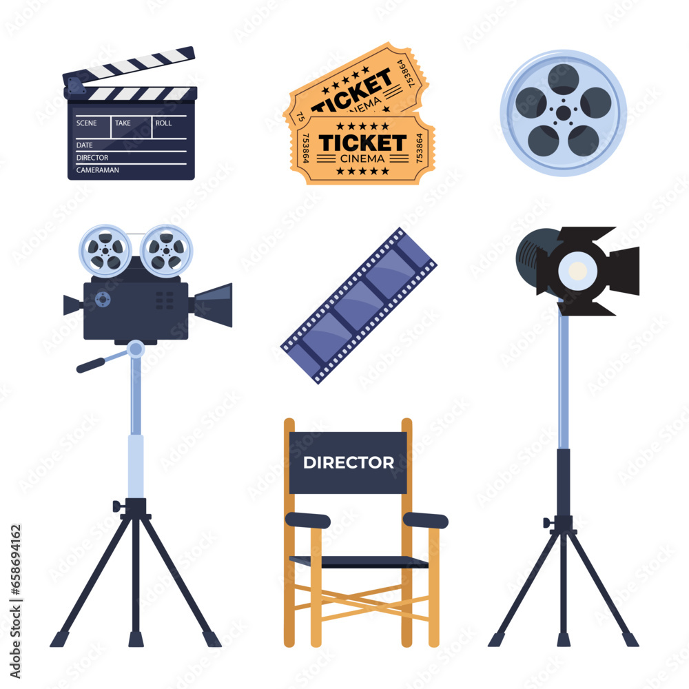 Obraz premium Cinematography icons set. Movie, cinema making professional equipment for recording film. Director chair, camera, lighting, clapperboard, filmstrip. Vector illustration.