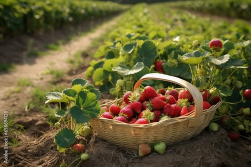 A basket of luscious strawberries in a fruit farm's strawberry field. Generative AI