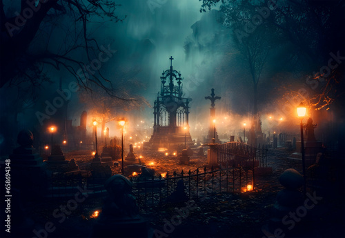 Cemetery with lanterns at night. Halloween background. Generative AI.