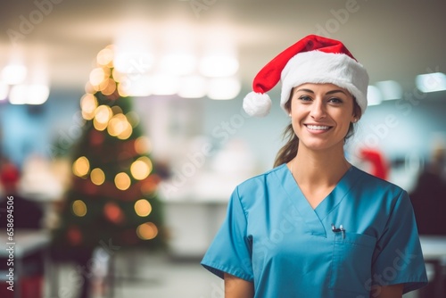 Smiling portrait of a woman doctor wearing a santa hat , working in a hospital decorated for christmas and new year holidays, christmas tree in the background