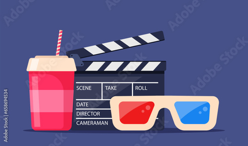 Movie time. Composition with soda, clapperboard, 3d glasses. Cinema poster, banner design for movie theater. Vector illustration.