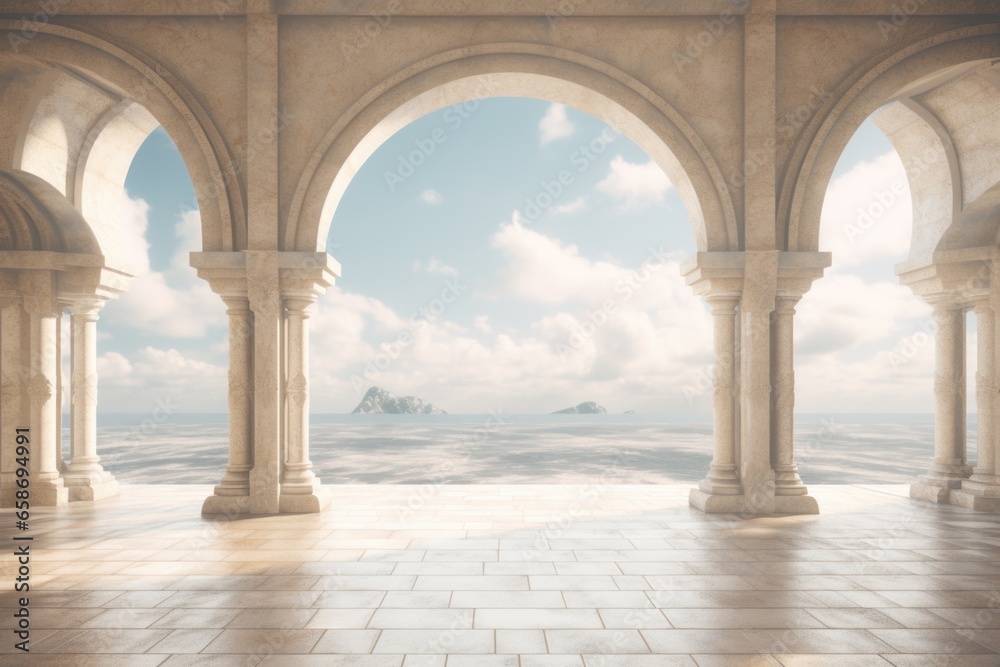 A picturesque view of the ocean seen through a beautiful archway. This image can be used to convey a sense of tranquility and natural beauty.