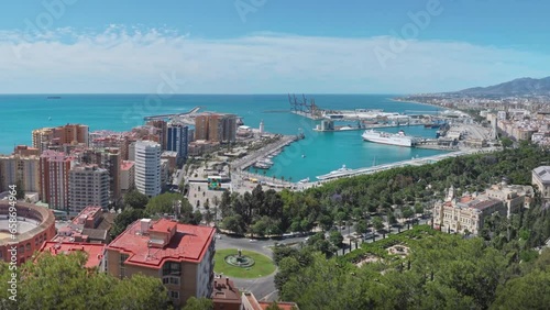 Panoramic aerial view with Plaza de Toros, Port of Malaga and City Hall - Malaga, Andalusia, Spain