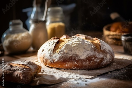 Image of delicious bread on rustic table in flour. Generative AI