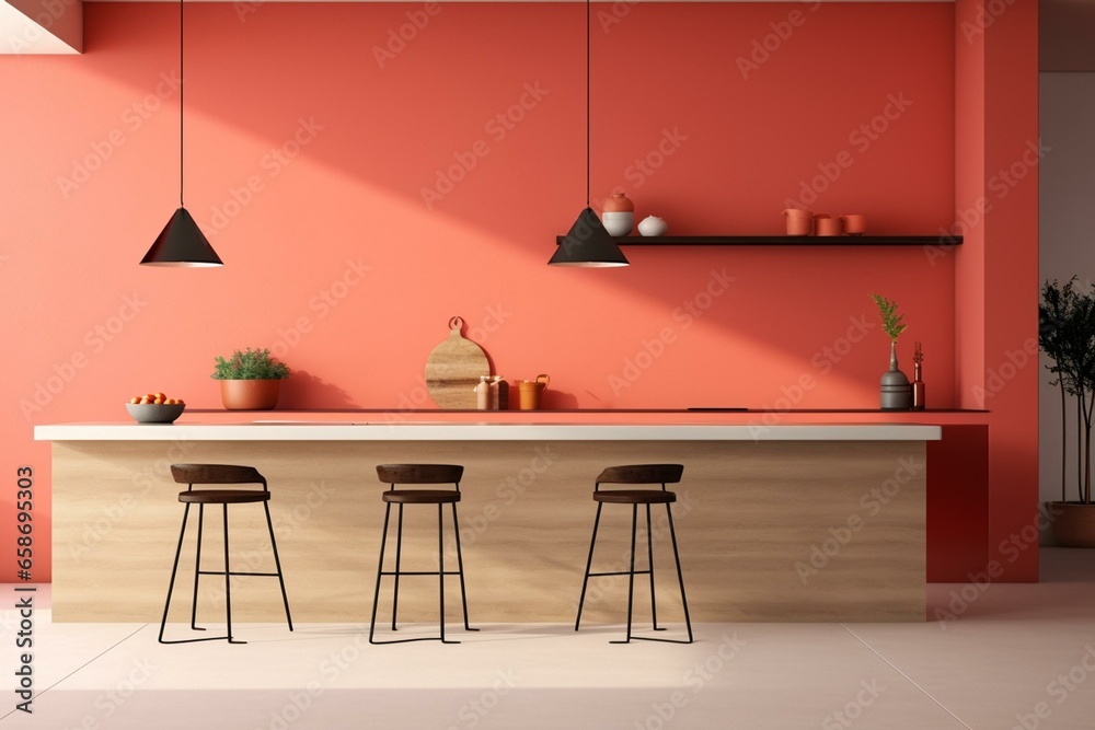 Kitchen with vibrant coral wall, a trendy 2019 color. 3D rendering. Generative AI