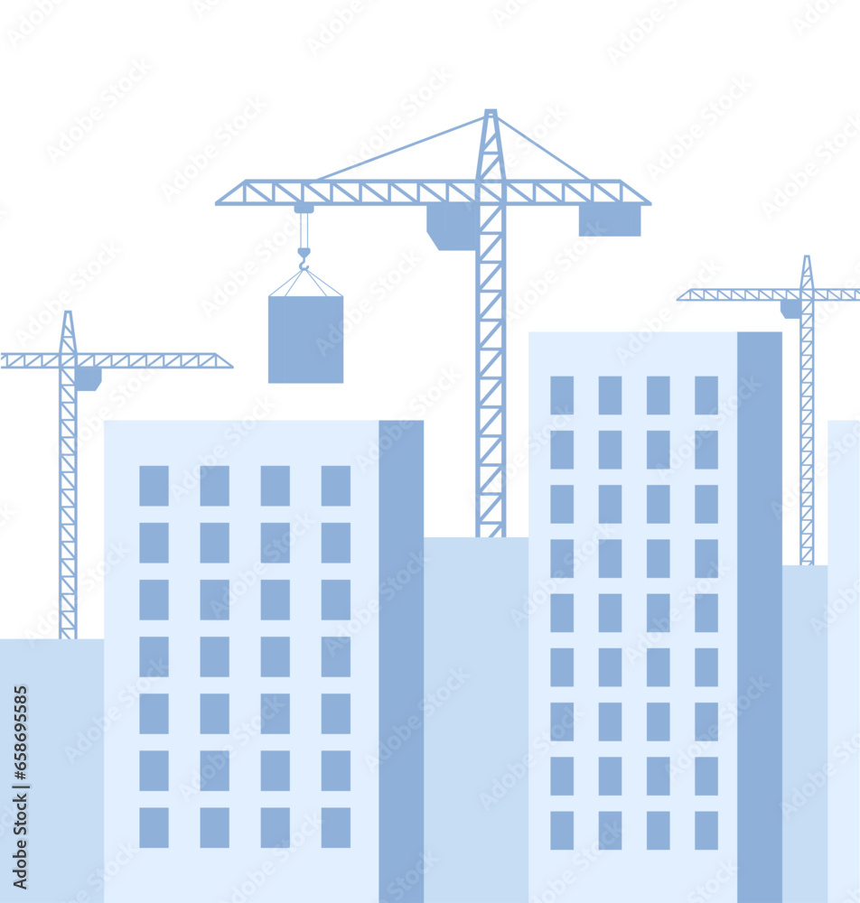 Construction site with a tower crane. Construction of residential buildings. Panoramic view of the construction of skyscrapers. Construction city background. Vector illustration.