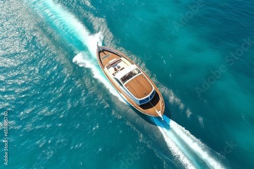 Overhead perspective of opulent motor boat sailing on beautiful turquoise sea - above view. Generative AI © Theron