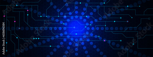 Abstract futuristic technology with hexagon shapes and circuit board background. Digital telecom, internet connection and communication concept design.