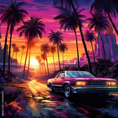A vibrant tropical road painting with a car in motion