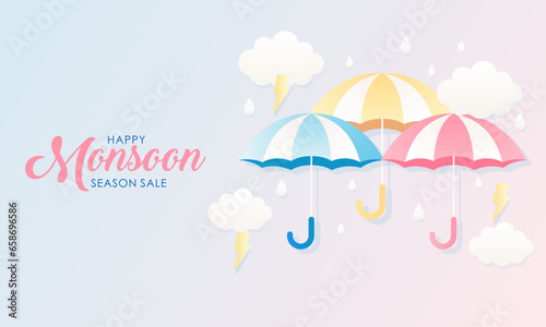 Cute Pastel Color Scheme and Paper Cut Style Happy Monsoon Season Sale Banner Background