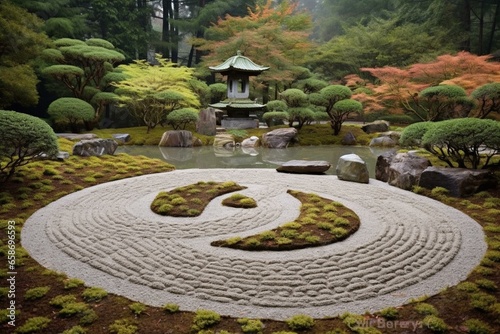 Japanese garden featuring yin yang symbol on the ground. Generative AI