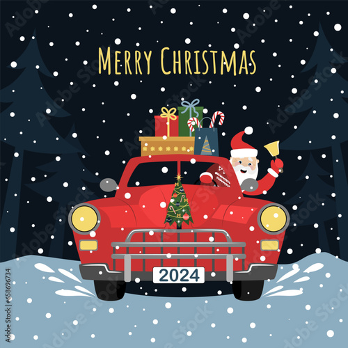 Cheerful Santa Claus is driving a car. Merry christmas and a happy new year. Design elements for banner, flyer, postcard.