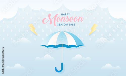 Cute Pastel Color Scheme and Paper Cut Style Happy Monsoon Season Sale Banner Background